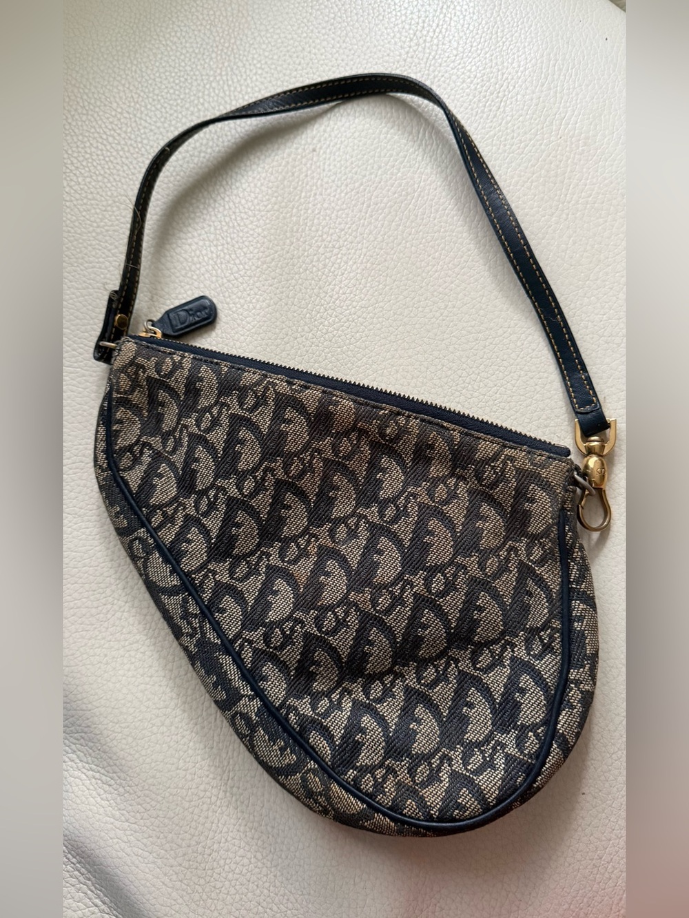 Authentic Christian Dior Vintage Saddle Bag in iconic blue Trotter canvas